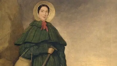NHM Painting of Mary Anning wearing a bonnet and a large green coat