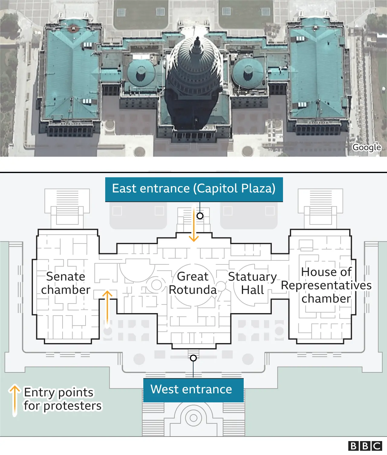 BBC Map showing key locations at the Capitol building