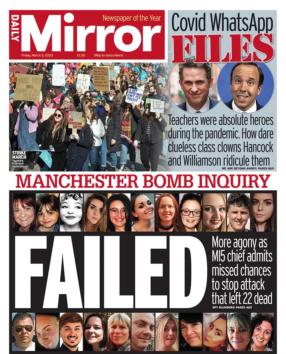 The headline in the Daily Mirror reads: Failed