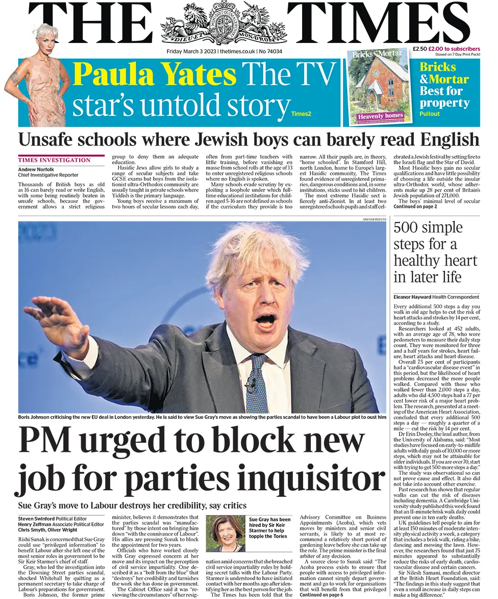 The headline in The Times reads: PM urged to block new job for parties inquisitor.