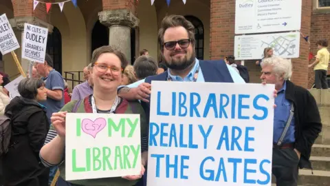 Heather Ramsden with a protester