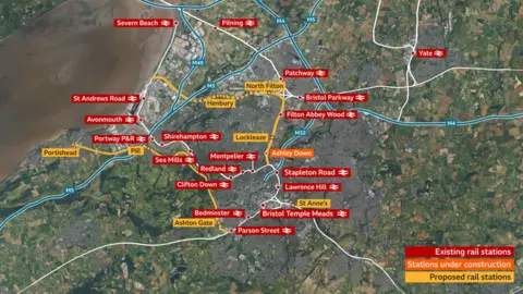 A map graphic showing where current and planned stations are in Bristol