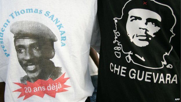 AFP T-shirts (L) reading President Thomas Sankara, already 20 years, and Che Guevara (R) are pictured on 14 October 2007 in Ouagadougou on the eve of the 20th anniversary of the assassination of Burkina Faso's former President Thomas Sankara