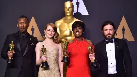 Getty Images Mahershala Ali, Emma Stone, Viola Davis and Casey Affleck at the 2017 Oscars