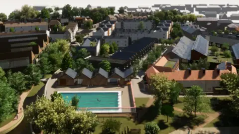 Mayday Saxonvale Architect's image of the plans for the Saxonvale site in Frome. It shows a swimming pool in the forefront and some houses in the background.