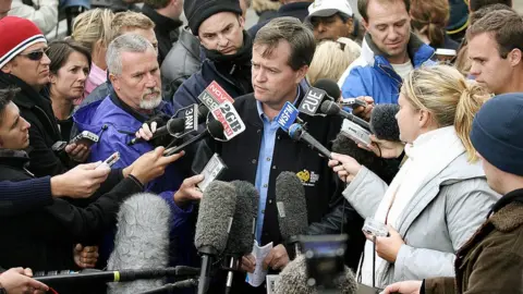 Getty Images Bill Shorten speaks to reporters at the Beaconsfield mine collapse in 2006