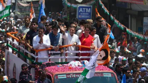 Getty Images Congress Party Senior Leaders, Rahul Gandhi and Priyanka Gandhi clicked during a road show, in Amethi.