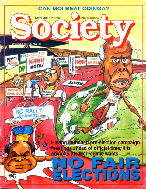 Society/Maddo Magazine cover with a satirical cartoon