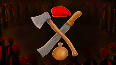 BBC Illustration with axe, machete, beret and calabash insignia of a Nigerian cult