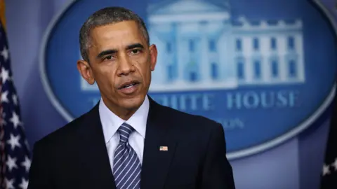 Getty Images Former president Barack Obama issues a statement from the White House after a grand jury declined to press charges in shooting