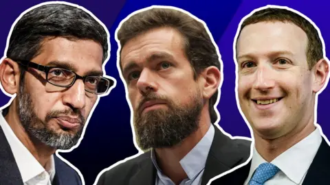 Getty Images A three-part composite shows Sundar Pichai, Jack Dorsey and Mark Zuckerberg