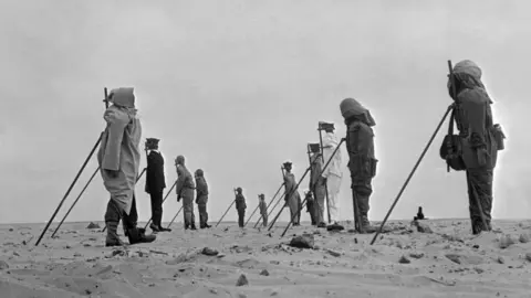 Getty Images A group of dummies set up on the French nuclear weapons testing range near Reggane, Algeria, before Frances third atomic bomb test, 27th December 1960