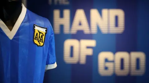 Getty Images Maradona's "Hand of God" shirt on display at Sotheby's ahead of its auction