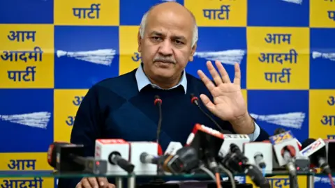 Getty Images Delhi Deputy Chief Minister Manish Sisodia during a press conference on the Issue of school teachers's training in Singapore and Finland, on February 2, 2023 in New Delhi, India.