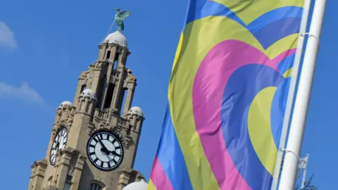 BBC Eurovision Song Contest banner next to the Liver Building in Liverpool, 18 April 2003