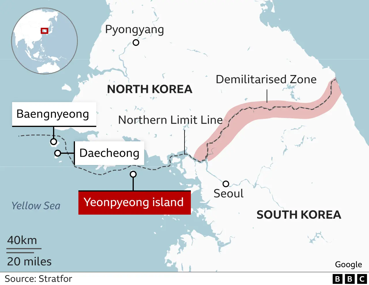 A BBC map shows North and South Korea with the respective capitals, Pyongyang and Seoul, both marked - along with the South's Yeonpyeong, Daecheong and Baengnyeong islands to the west