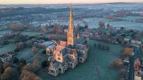 Martin Cook A drone photo of the cathedral from up high on a cold morning