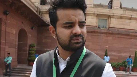 Getty Images Janata Dal (Secular) MP Prajwal Revanna outside the old Parliament House in 2019 in New Delhi