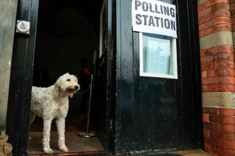 Getty Images A dog is pictured at a polling station in Howden, northeast England