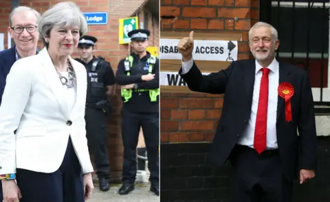 PA Theresa May and Jeremy Corbyn respectively leaving their local polling stations