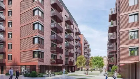 Dandara Living An architect's design of the proposed development. Brown/red coloured flats with balconies line either side of a shared precinct with trees and benches. A few people wander around or sit down.