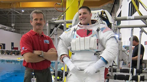 Jeremy Hansen and mentor, astronaut Chris Hadfield, at NASA's neutral buoyancy lab (NASA)