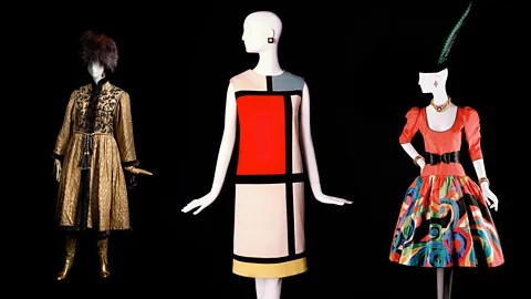 Fondation Pierre Bergé – Yves Saint Laurent, Paris/Alexandre Guirkinger Saint Laurent’s designs for Ballet Russe, 1976; Mondrian dress, 1965; homage to Picasso, 1979 (Credit: Fondation Pierre Bergé – Yves Saint Laurent, Paris/Alexandre Guirkinger)