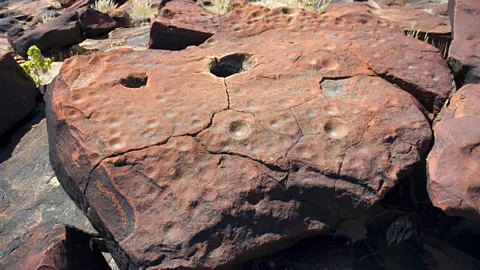 Ian Beattie/Alamy This Aboriginal grinding stone, with depressions caused by grinding seeds and ochre, is located in South Australia's Innamincka Regional Reserve (Credit: Ian Beattie/Alamy)
