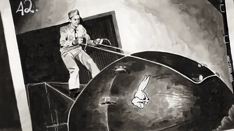 Edward Wilder rides the "Fat Man" bomb, before it was dropped on Nagasaki. Drawn from an original photograph provided by Wilder's son Marshall.